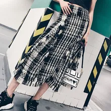 Большие размеры осень/зима Женская твидовая клетчатая юбка с кисточками дизайнерская женская элегантная Длинная шерстяная юбка макси Асимметричная высокая талия