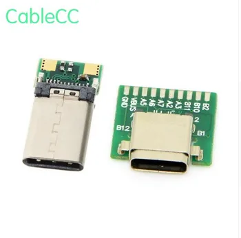 

1set DIY 24pin USB 3.1 Type C Male Plug & Type-c Female Socket Connector SMT type with PC Board