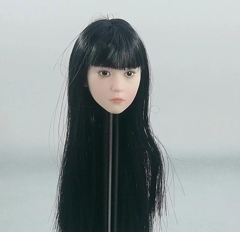 

1/6 Black Long Hair Asia little cute Girl Head Figure Model female straight bangs Head Sculpt for 12" Action Figure pale body