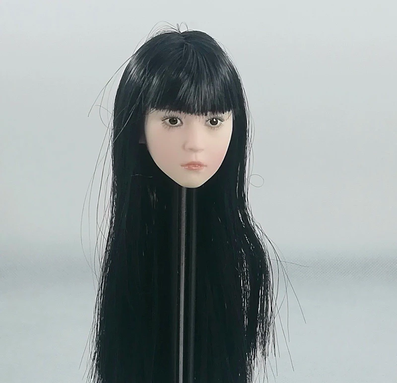1/6 черные длинные волосы Азия маленькая милая девочка голова фигурка модель женская прямая челка голова лепим для 12 "фигурка бледное тело
