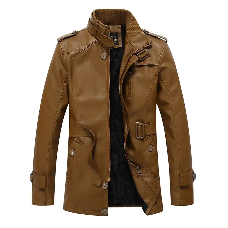 Winter PU Leather Jacket Men Long Wool Leather Motorcycle Jacket Slim