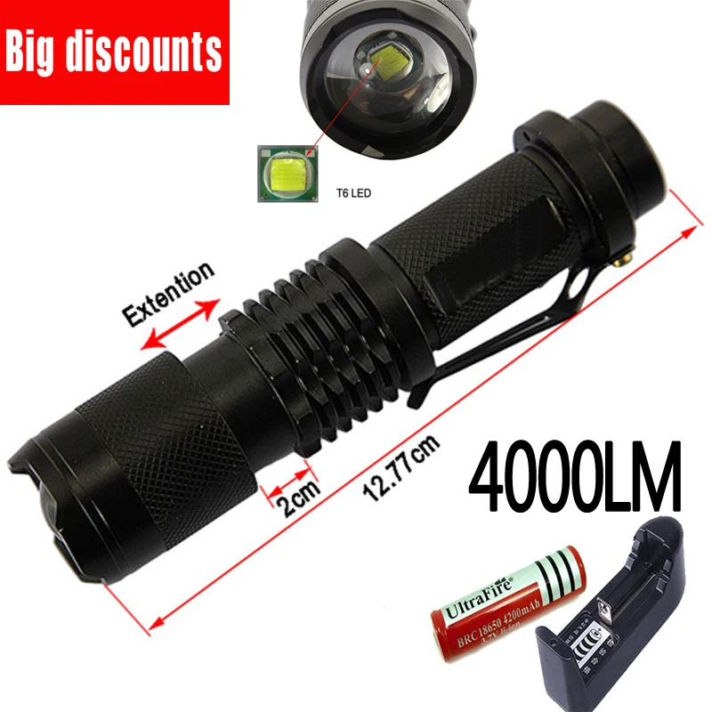 

Ultrabright Flashlight XML T6 4000 Lumen Waterproof LED Flash Light+1*battery+charger