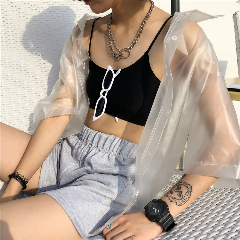 

Retro Unisex Plastic Transparent Shirts Short-sleeved Waterproof Jacket Unisex Turn Down Collar Cardigan Single-breasted Tops