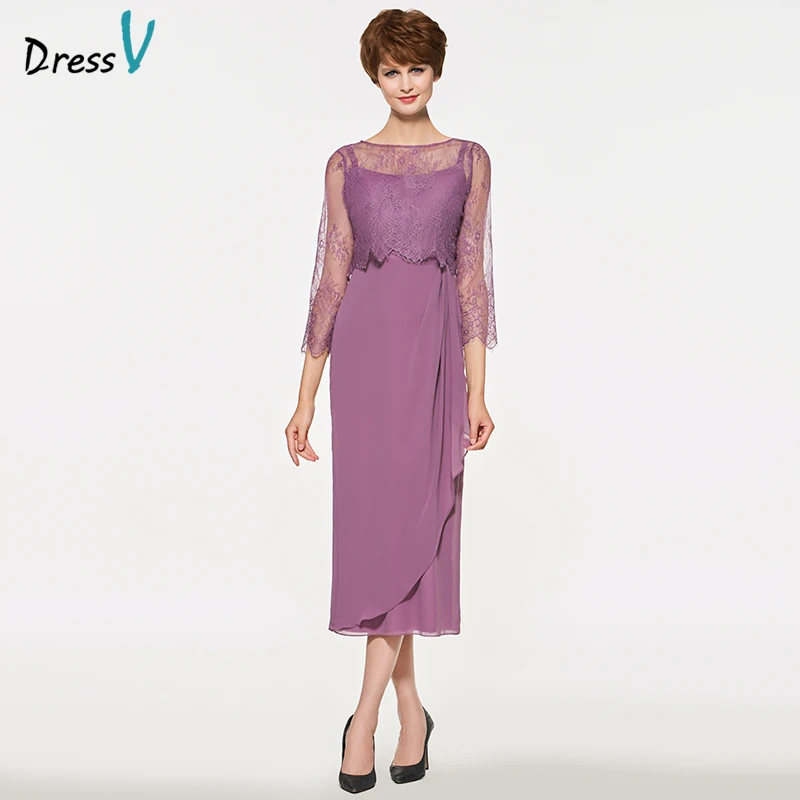 Dressv Purple Sheath Tea Length Mother Of The Bride Dress Three Quarter