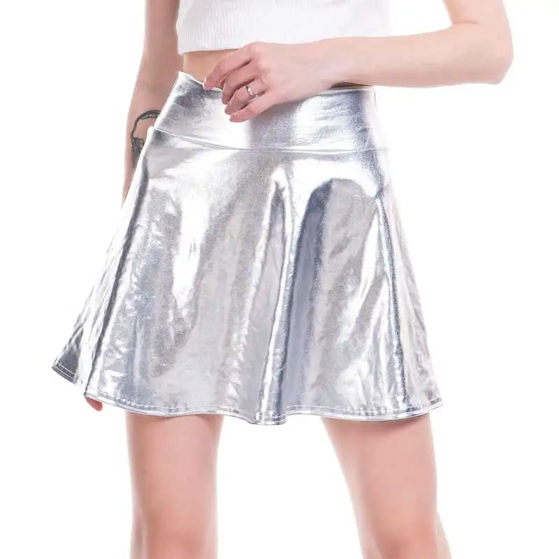 Женская XXL голографическая юбка короткая Серебряная Лазерная блестящая юбка размера плюс плиссированная юбка из искусственной кожи голограмма Глянцевая короткая юбка вечерние - Цвет: Серебристый