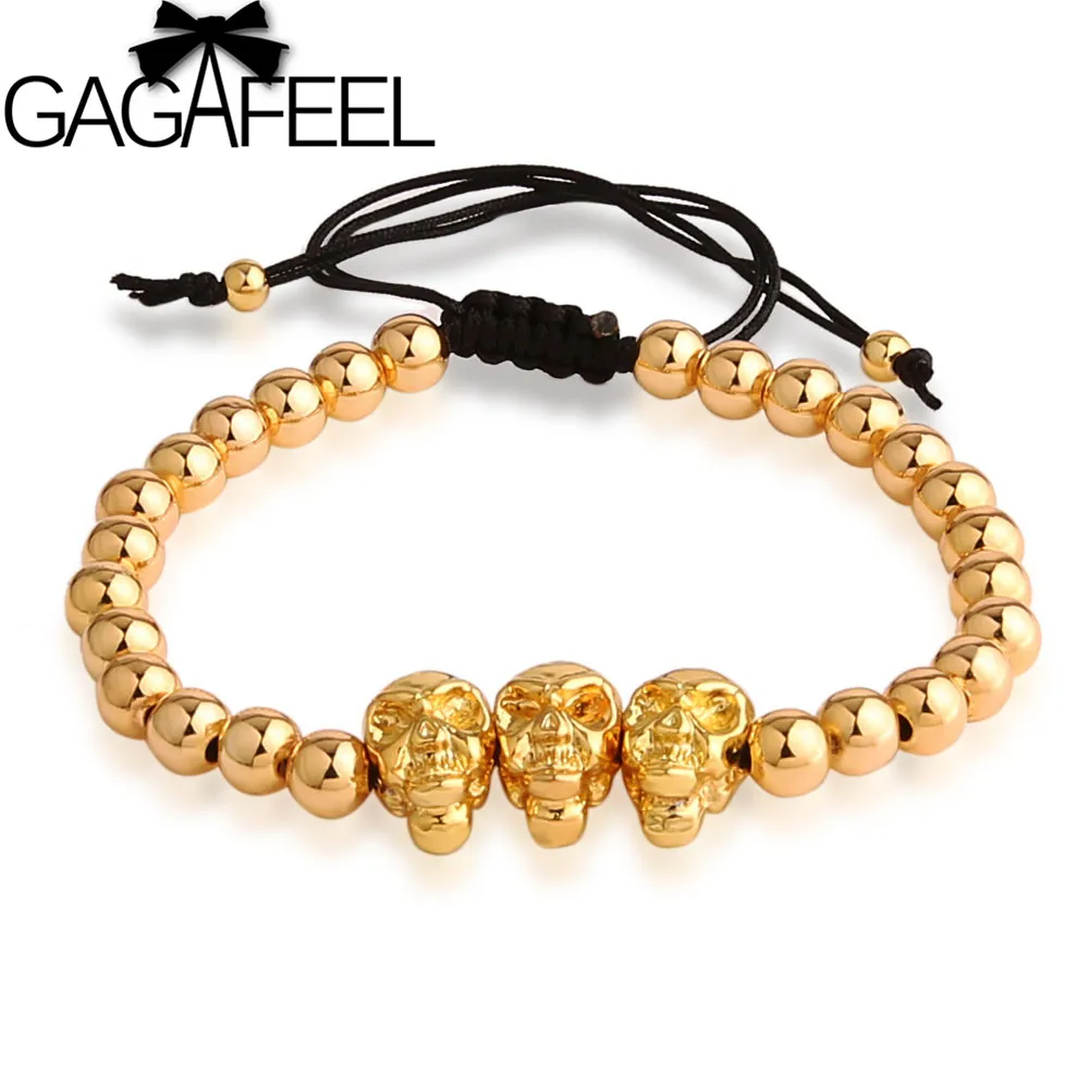 GAGAFEEL золотой цвет браслет с черепом, мужской женский браслет в стиле панк 6 мм Браслет Из Бисера модный мужской женский ювелирный