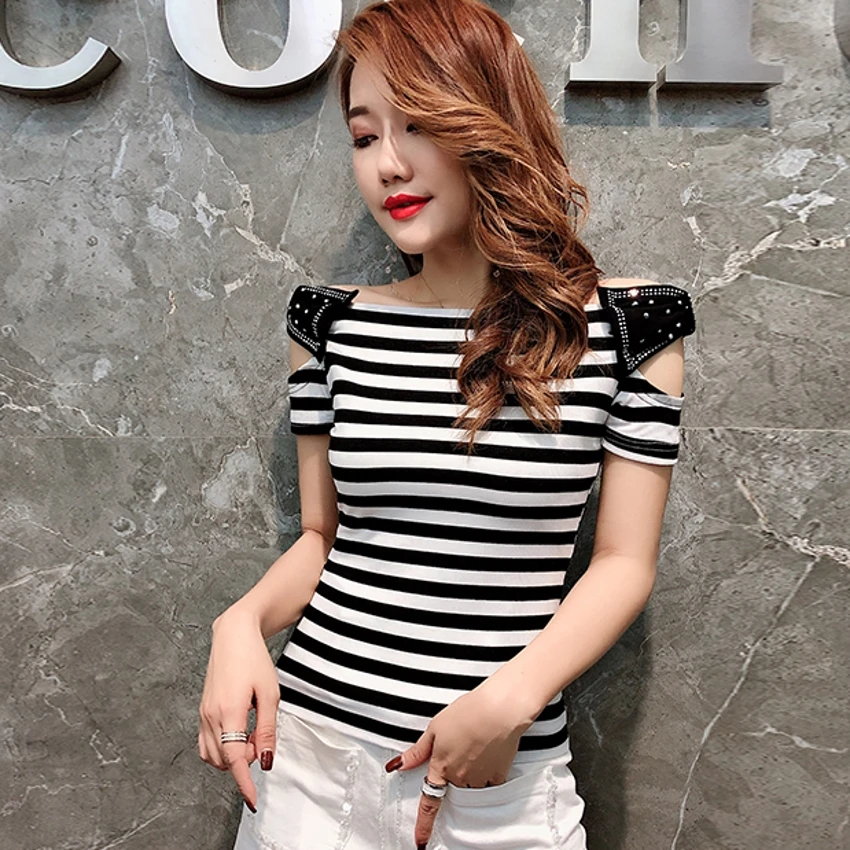 

Sexy Off Shoulder Tshirt Bowknot Diamonds Slash Neck 2019 New Summer Women Short Sleeve Slim Top Shirt Camiseta Mujer T94114L