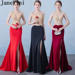 JaneVini Vestidos Роскошные бисером атласная мама невесты платья Глубокий V шеи Высокая Разделение Черный Русалка вечерние платья развертки поезд