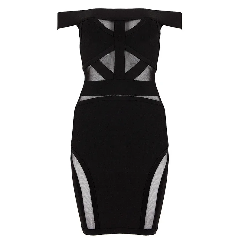 Elegant Black Off Shoulder Bandage Dress Sexy Sheer Mesh Patchwork Slash Neck Wrapped Robe Femme Bodycon Mini Party Dress 2018 (2)