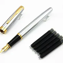 BAOER 388 Серебристая чернильная ручка 5 шт черные чернила и 0,5 мм тонкая ручка перо Студенческая каллиграфия Роскошная металлическая авторучка