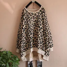 Футболки мешковатая футболка Бюст см 132 см Весна плюс размер хлопок Круглый вырез длинный рукав футболка Леопардовый принт Большая рубашка свободная Базовая