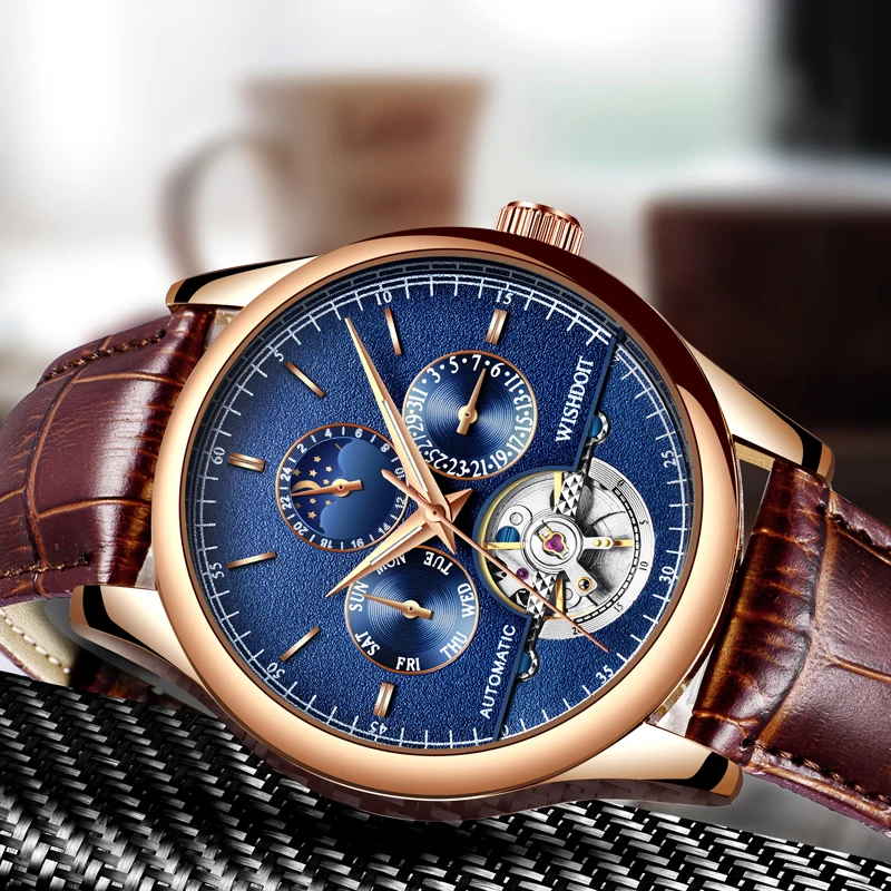 

Men Watch Top Luxury Brand WISHDOIT Men's Business Mechanical Watches Fashion Casual Sports brown Leather military Male Clock