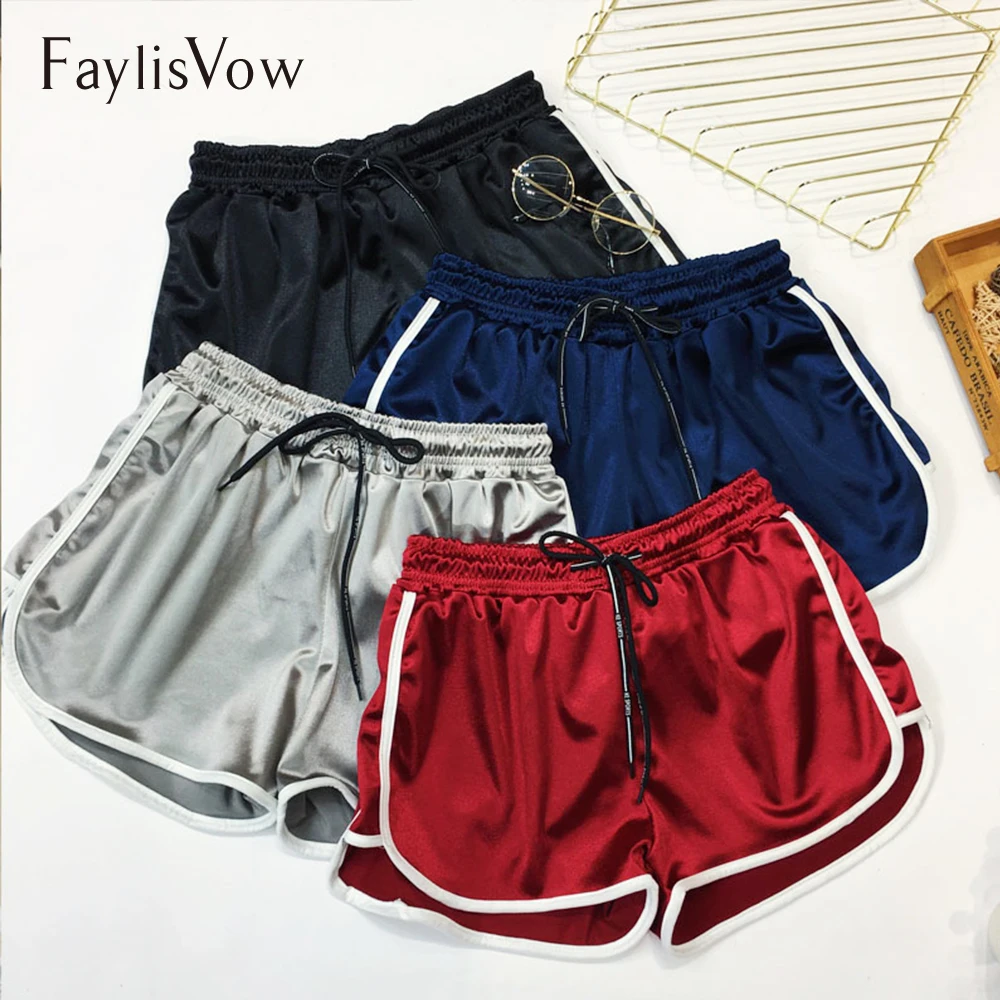 

Faylisvow 4xl 5xl Plus Size Slim Satin Short Sexy Side Striped High Waist Drawstring Fitness Shorts Casual Women Summer Shorts