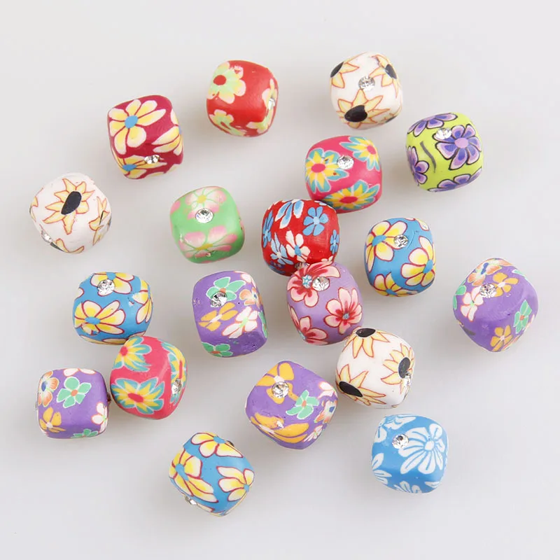 

20pieces 12mm Mixed Color Soft Fimo Polymer Clay Square With Rhinestone Beads Charms For Diy Bracelet And Necklace Finding