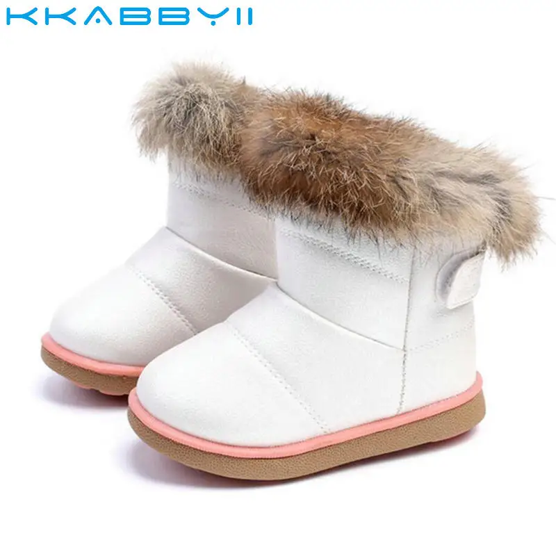 Новые зимние плюшевые детские Девичьи Зимние Сапоги Теплая обувь из искусственной кожи на плоской подошве с маленьких Обувь открытый Снегоступы Обувь для девочек Дети обуви
