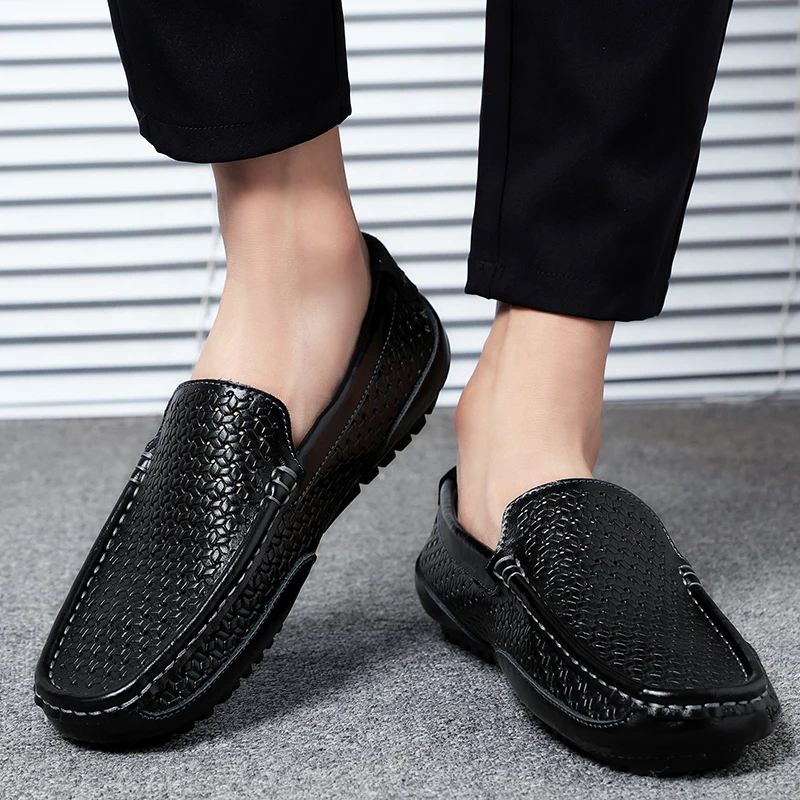 GOODRSSON Summer Leather Men Casual Shoes Soft Flat Slip-On Hole Breathable Man Round-Toe Loafers Drive Walking Footwear 2019 | Обувь