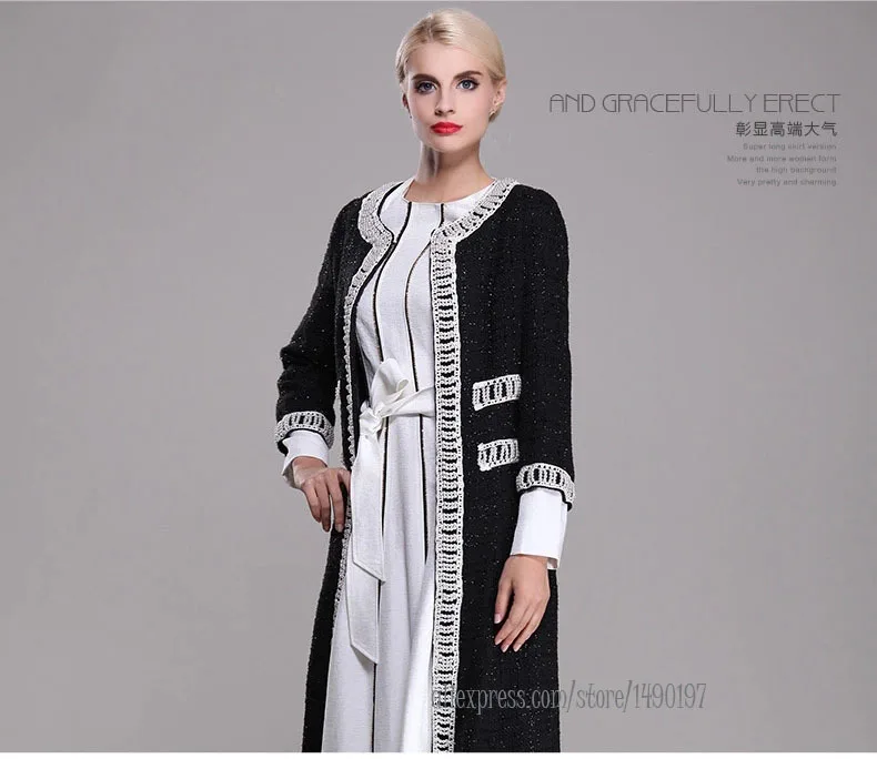 2014 Outerwear Black Cardigan Beading Long Sleeve Maxi Coat