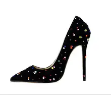 2016 Fashion Women Multi-color Rhinestone Pump Genuine leather High Heels Sexy Pointed Toe Wedding Shoes