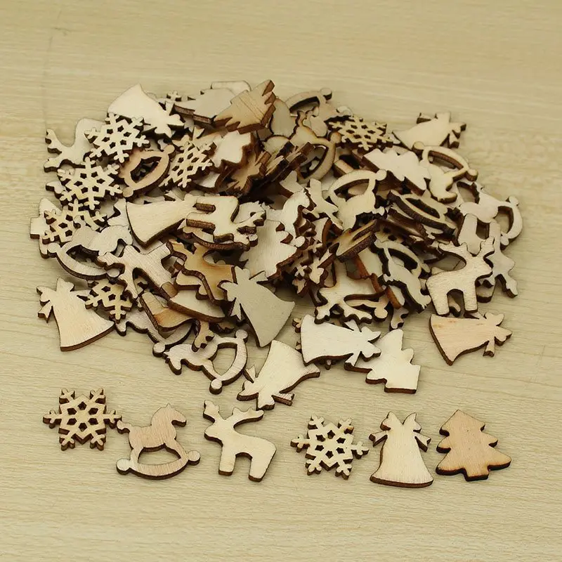 

KiWarm 100Pcs Natural Color Tree Snowflake Wooden Ornament Scrapbooking Embellishments Christmas Party Decor Wood Craft 20-22mm