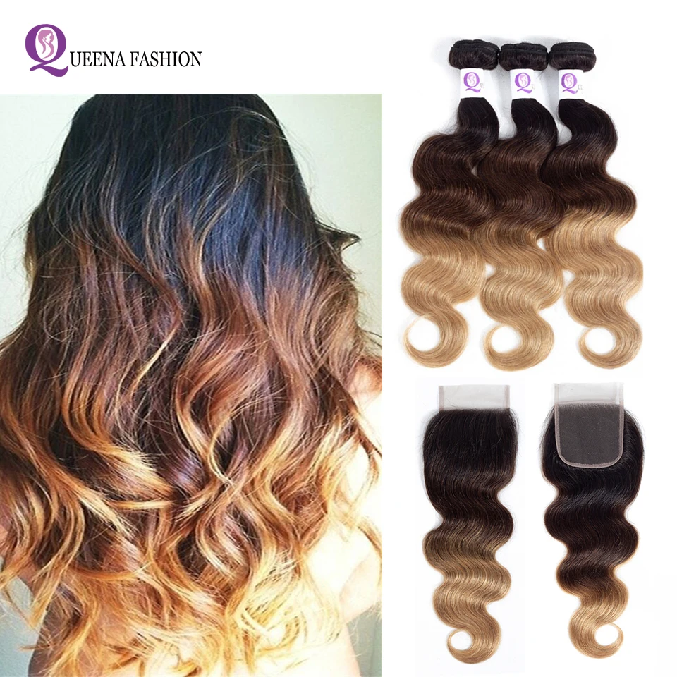 

Ombre Bundles With Closure 1b/4/27 Three Tone ombre human hair weave 3 bundles Raw Indian Body Wave Non-remy Hair With Closure
