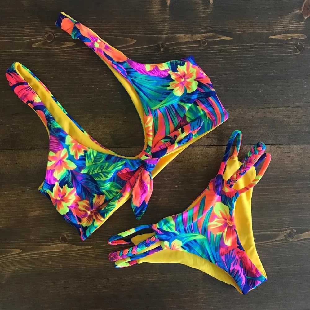 

Thong Bikini 2019 Women Swimwear Floral Printed Beachwear Sexy Low Waist Biquini Slimming Bikini Sets Padded Bow Bathing Suits