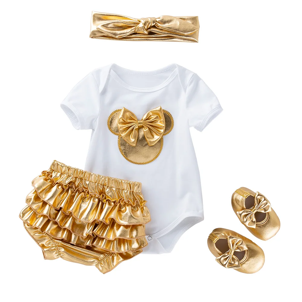 Goedkoop 2019 Nieuwe Baby Meisje Kleding Witte Katoenen Rompertjes En Gouden Ruches Baby Meisjes Tutu Rok Schoenen Hoofdband Pasgeboren Sets