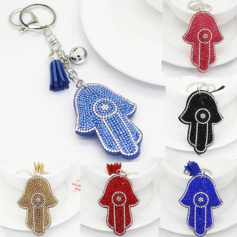 

9 Colors Lucky Women Keychain Amulet Hamsa Fatima Han Pendant Leather Rhinestone Key Finder Key Rings Accessories Women Chaveiro