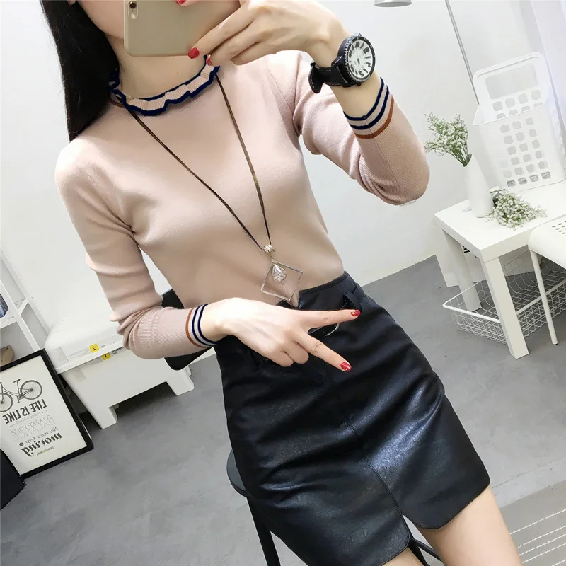 

TuangBiang 2018 Winter Long Sleeve Ruffled Collar Pullovers Sweater Autumn Slim Striped Sweaters Elasticity Knitted sweater