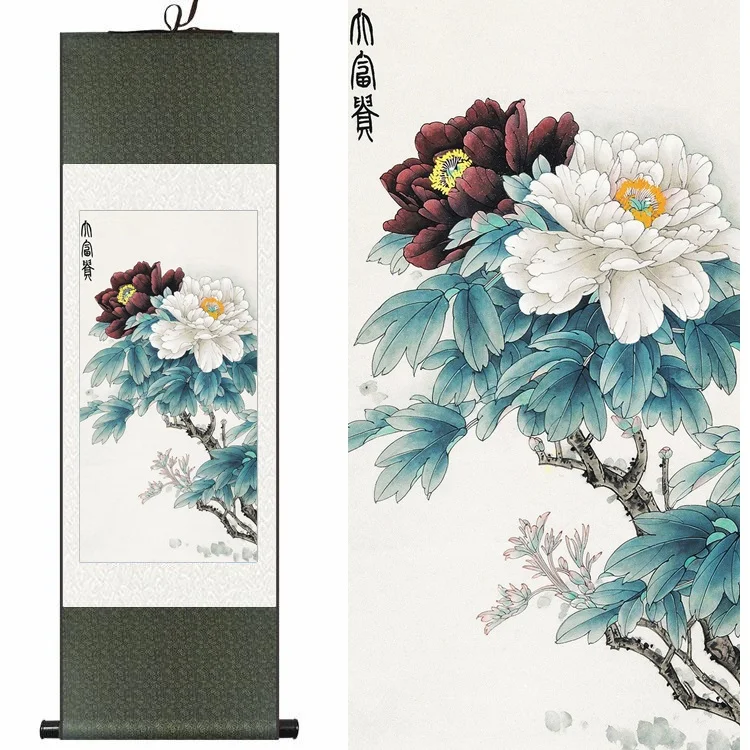 

Chinese Silk watercolor flower and bird Rich White purple Peony feng shui ink canvas wall picture damask framed scroll painting