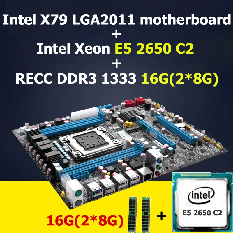 HUANAN X79 motherboard CPU combos Intel X79 LGA 2011 motherboard with CPU Xeon E5 2650 C2 SROKQ (2*8G)16G DDR3 REG ECC lga 2011 x79 series motherboard soldering cpu socket r with tin balls