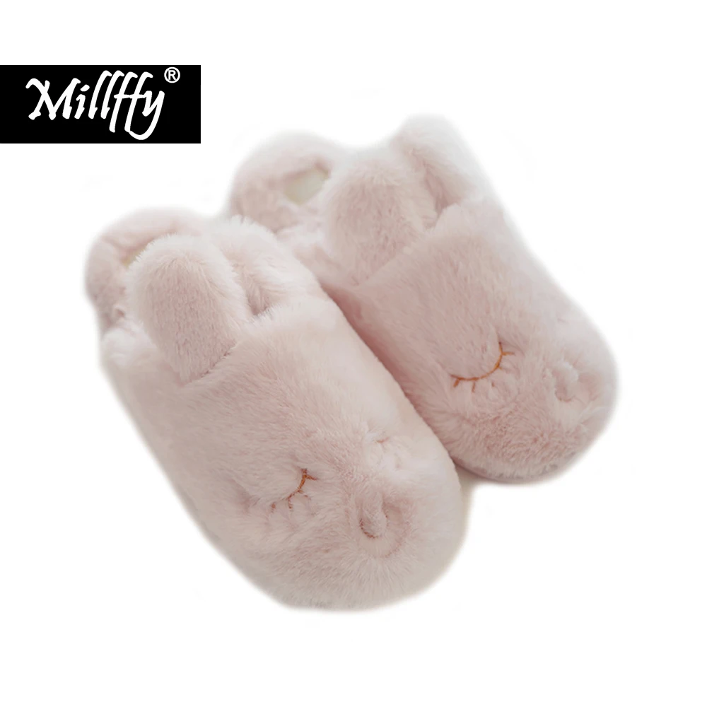 

Millffy new tender pink rabbit soft winter warm slippers female wide version blinking rabbit cute indoor home slippers women