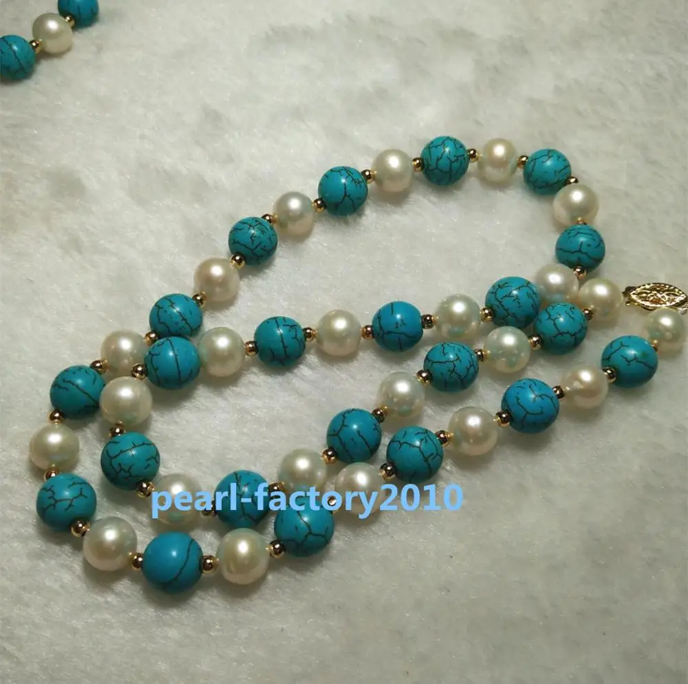 

19" ROUND turquoise SOUTH SEA NATURAL White PEARL NECKLACE 14K CLASP (0926)