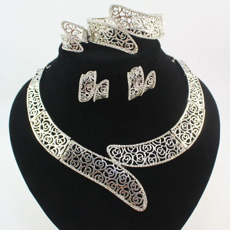 Fashion White Gold Plated Women african beads costume bridal wedding Party Rhinestone Dubai Necklace Jewelry Sets