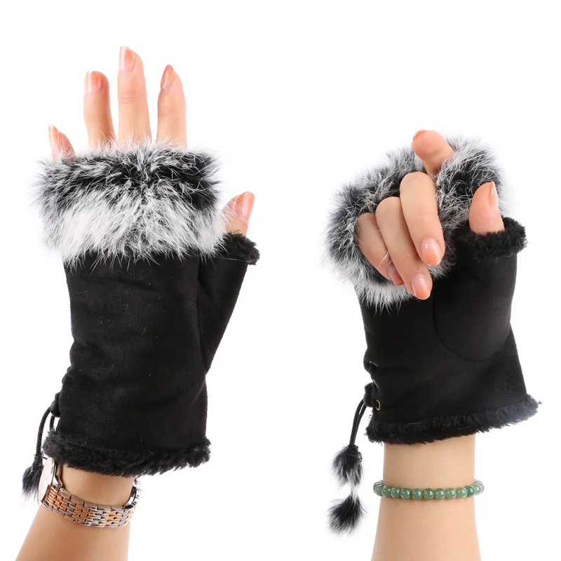 Женские зимние перчатки из искусственного кроличьего меха, теплые перчатки без пальцев