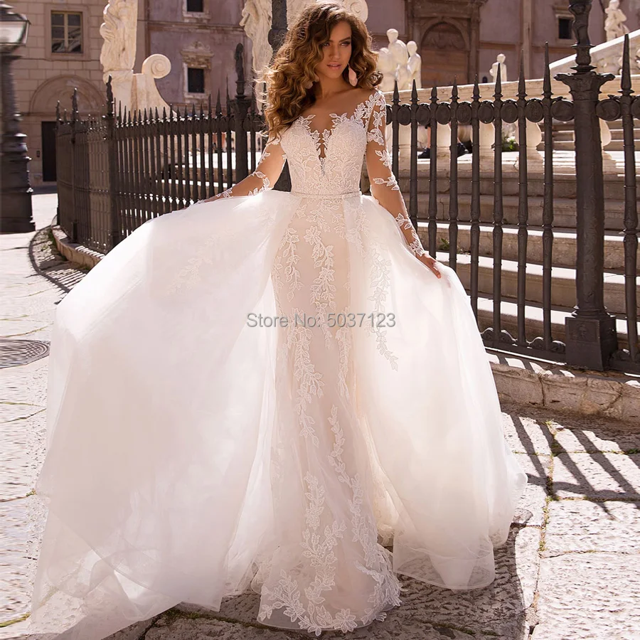 

Mermaid Wedding Dresses Tulle Lace Appliques Scoop Illusion Detachable Train Long Sleeves Boho Bridal Gowns Vestido De Noiva