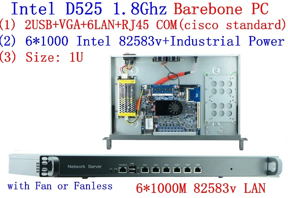 Intel D525 1U Rack Ears сетевой сервер с 6* Intel 8253V 1000M LAN Поддержка ROS PFSense Panabit Wayos Barebone PC Маршрутизатор