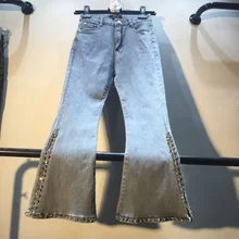 Демисезонный женские бусины ручной работы бурения Высокая талия эластичные открытые сбоку джинсы для женщин Женские Винтаж Джинс