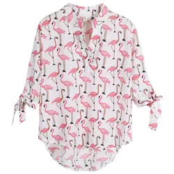Новые модные Для женщин Повседневное Фламинго печати с длинным рукавом Высокий Низкий Подол Летняя блузка топ, футболка