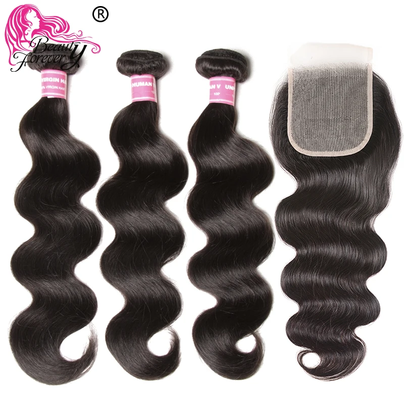 

Beauty Forever Body Wave With Transparent Lace /Medium Brown Closure 3 Bundles Brazilian Hair With Closure Remy Human Hair Weave