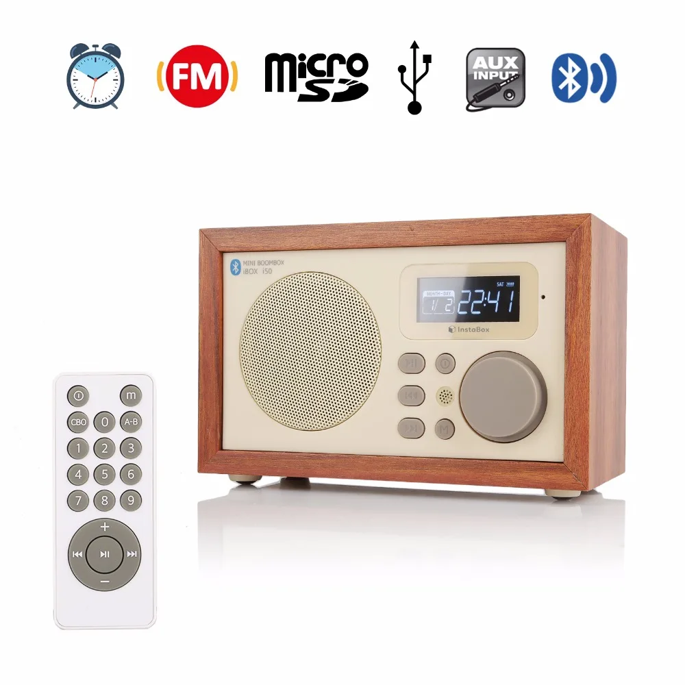 

InstaBox i50 Wooden Multi-Functional FM Radio Receiver MP3 Bluetooth Speaker Player Alarm Clock Support Micro SD TF Card USB