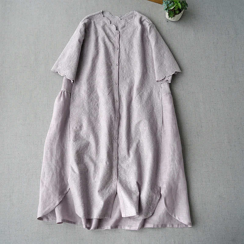 

Summer New Women Loose Plus Size Japanese Style Mori Girls Embroidery Patchwork Comfortable Water Washed Linen Dresses 3 Colors
