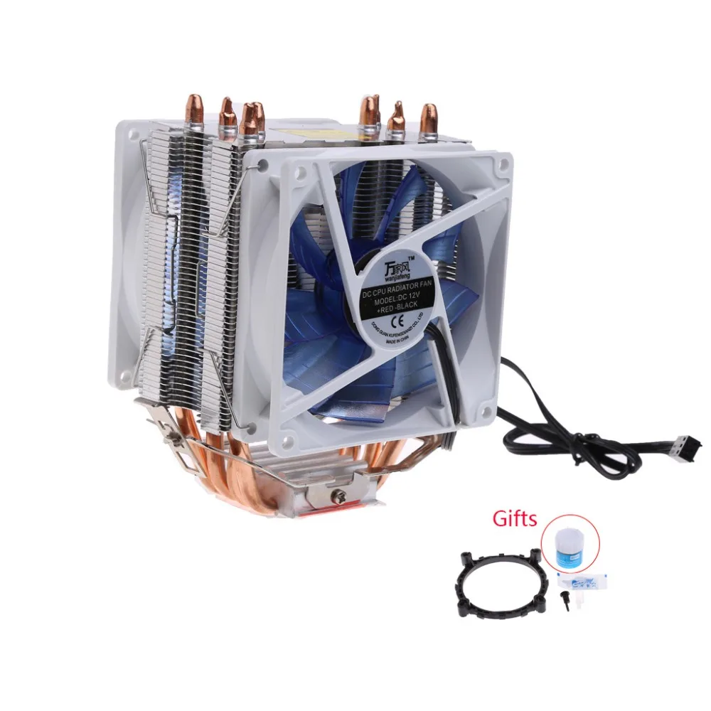 New 12V Dual CPU Processor Cooler Blue LED 3Pin Fan Quiet Aluminum