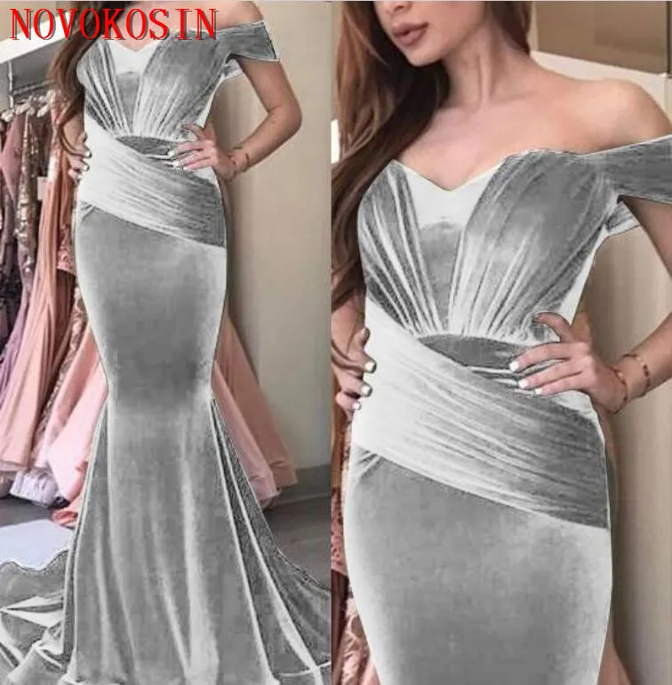 

2019 New Velvet Pleated Floor Length Party Dress Mermaid Formal Prom Dresses Off Shoulder Evening Gown With Small Train