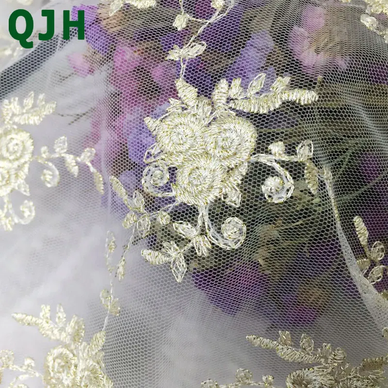 QJH французская кружевная ткань маленькая Роза Золотая шелковая вышивка сетка