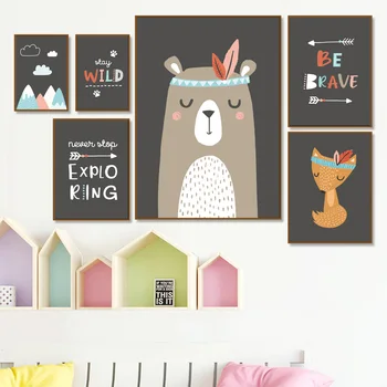

Cartoon Fox Bear Arrow Mountain Brave Quote Wall Art Canvas Painting Nordic Posters And Prints Wall Pictures For Kids Room Decor