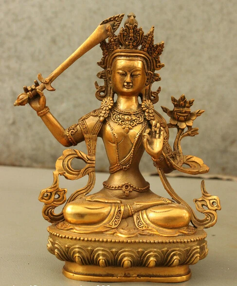 

006249 8" Tibet Bronze Gilt Wenshu Manjushri Bodhisattva GunaYin Goddess Buddha Statue