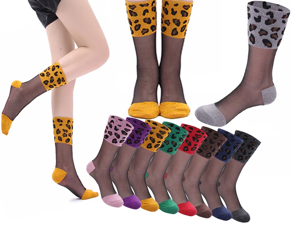 Новые Модные леопардовые плюс чесаный хлопок в трубке носки прозрачные эластичные чулочно-носочные изделия золотые серебряные шелковые носки