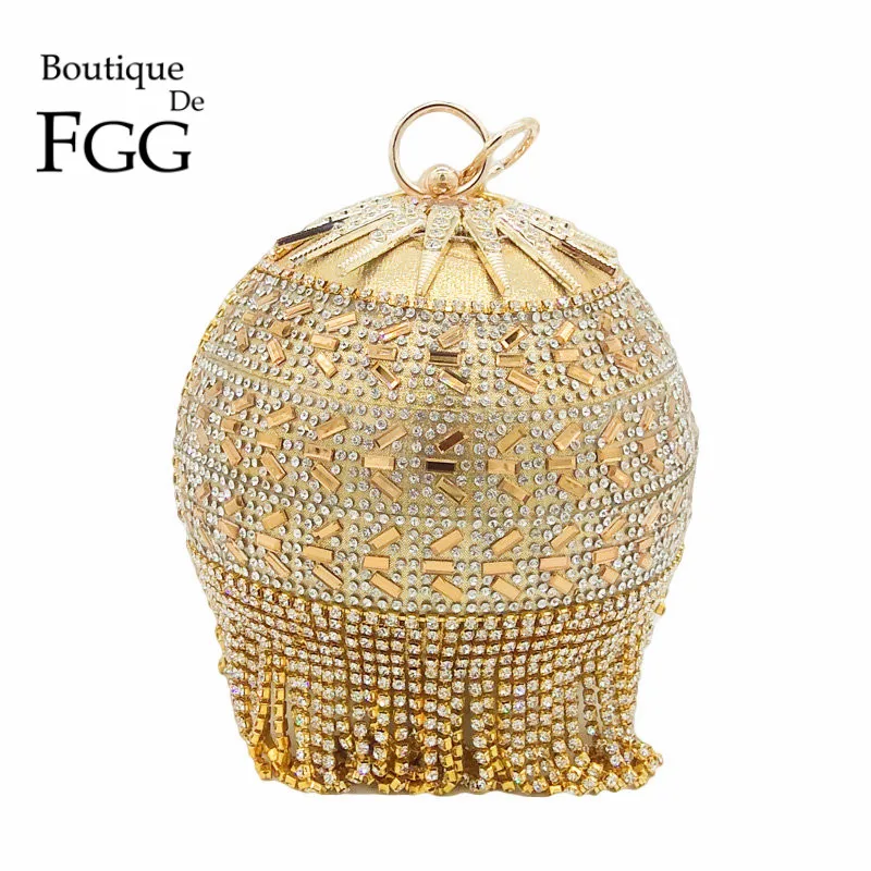 بوتيك دي FGG جولة التعميم الذهب الماس شرابة الزفاف حقيبة يد الزفاف Wristlets محفظة النساء مساء حزب ماسك من الكريستال حقيبة