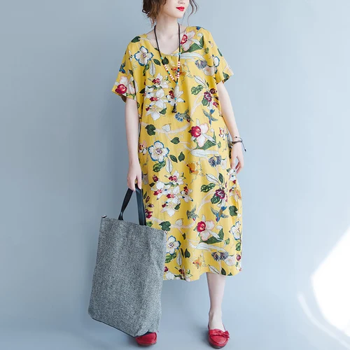 Cotton Dresses For Women Print Flora Femmel Robe  Loose Pockets Vestido Longo Casual Ukraine Tunics Women Vintage