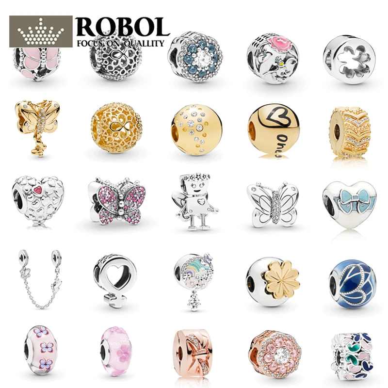 

100% 925 Sterling Silver Original 1:1 Lady Temperament Butterfly Love Flower Four-leaf Clover Brick Bracelet Beaded Jewelry